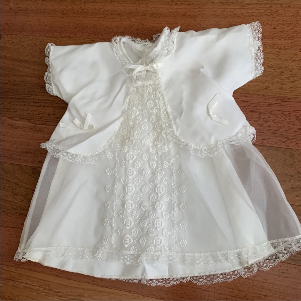 Vtg Ivory Baby Girls Christening Baptism Gown Dress Lace Embroidered 3 Pc Set
